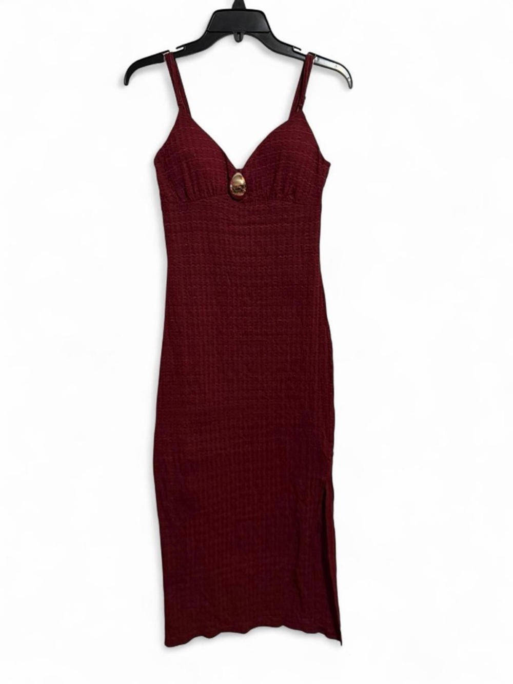 Burgundy Knit Midi Dress with gold Button Accent